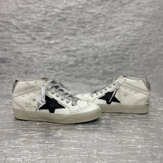 Golden Goose Mid Star white black silver beige skate shoe
