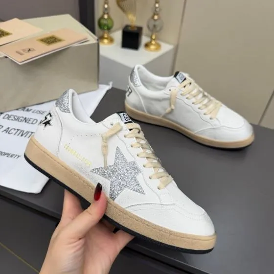 Golden Goose Ball Star White Silver Beige Black Skate Shoe BS-87362
