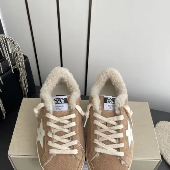 Golden Goose Super Star Shearling Lined Tan White Cream Off White Skate Shoe BS-87482