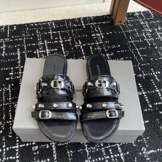 Balenciaga Cagole Studded Slide Sandal Black Silver Slides BS-87419