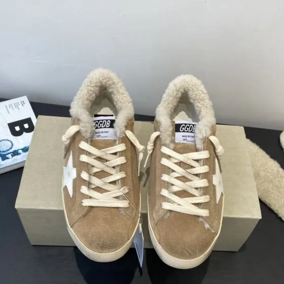 Golden Goose Super Star Shearling tan white cream skate shoe