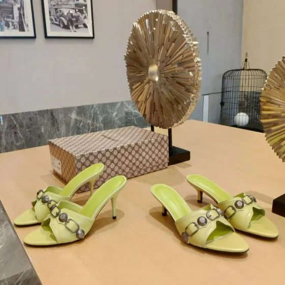 Balenciaga Cagole Heeled Mule Light Lime Green Silver Sandal BS-87470