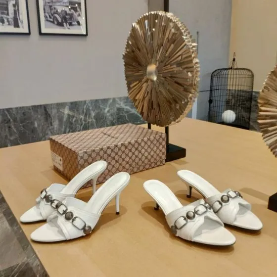 Balenciaga Cagole Heeled Mule White Dark Silver Sandal BS-87472
