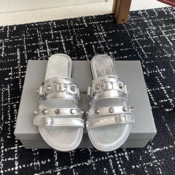 Balenciaga Cagole Studded Slide Sandal Metallic Silver Slides BS-87420
