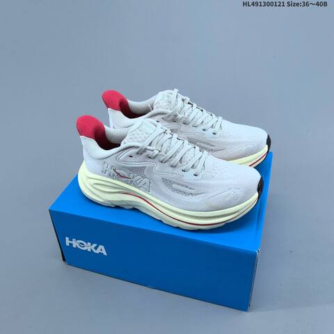 HOKA Clifton 10 Off White Burgundy Yellow Teal EU 36-40 Running Shoe Running Sneakers - Unisex (BS-69397)