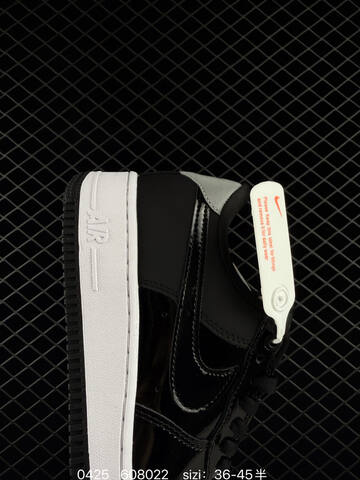 Nike Air Force 1 Black Patent Leather With White Midsole Silver Heel Accents Black Outsole EU 36-45 Half Sizes Available Lifestyle - Unisex (BS-71880)
