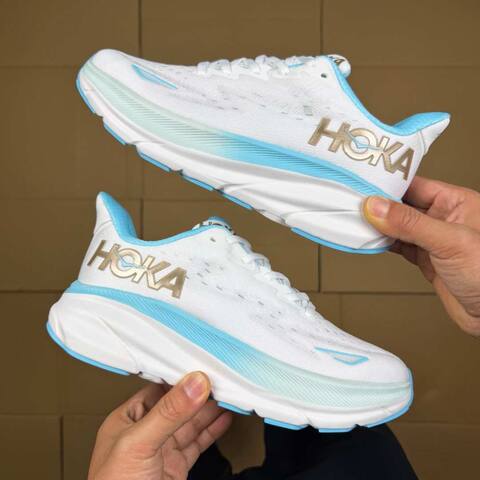HOKA Clifton 9 White Light Blue Gold Running Shoe Running Sneakers (BS-86860)