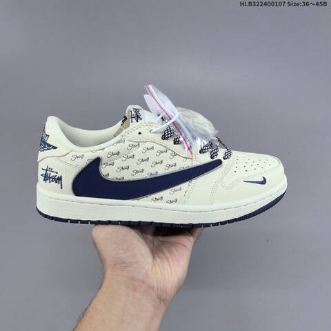 Nike Air Jordan 1 x Travis Scott Cream Navy With Stussy Script And Blue Laces 36 45B Lifestyle - Women's (BS-67065)