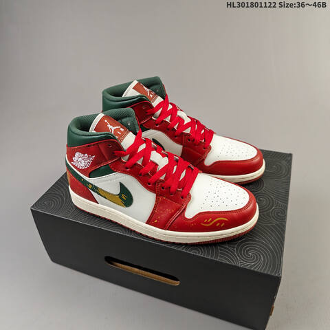 Nike Air Jordan 1 Retro Mid OG White Red Green With Gold Accents 36 46B Basketball - Women's (BS-63286)
