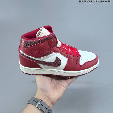 Jordan Air Jordan 1 Mid Red White Cracked Leather EU 36-45 Basketball - Unisex (BS-65987)
