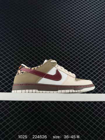 Nike SB Dunk Low Beige Olive White With Burgundy Swoosh And Leopard Print Collar 36-45 Skate - Unisex (BS-74590)