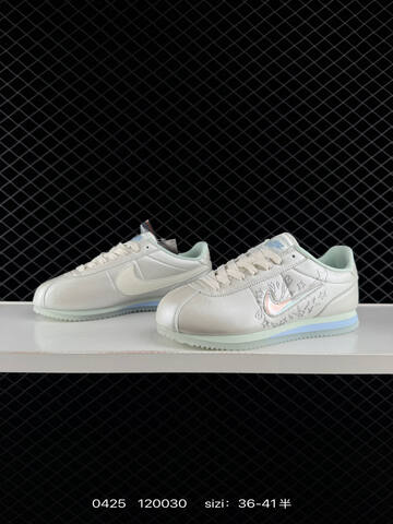 Nike Cortez Low All Petals United Pearlescent Off-white With Light Mint Accents Pale Blue Midsole Stripe Iridescent Swoosh Embossed Star Heart Details EU 36-41 Half Sizes Available Lifestyle - Unisex (BS-71879)