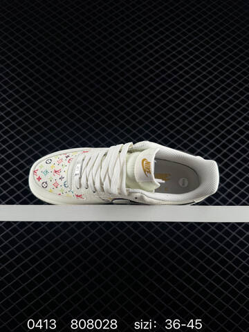Nike Air Force 1 07 LV8 Off-white With Multicolor Monogram Print Black Swoosh Outline Gold Branding Gum Outsole EU 36-45 Lifestyle - Unisex (BS-72135)