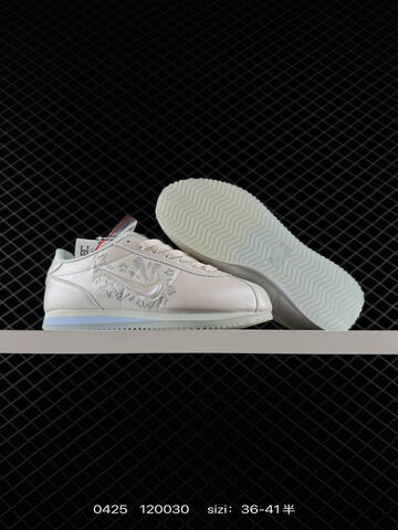 Nike Cortez Low All Petals United Pearlescent Off-white With Light Mint Accents Pale Blue Midsole Stripe Iridescent Swoosh Embossed Star Heart Details EU 36-41 Half Sizes Available Lifestyle - Unisex (BS-71879)