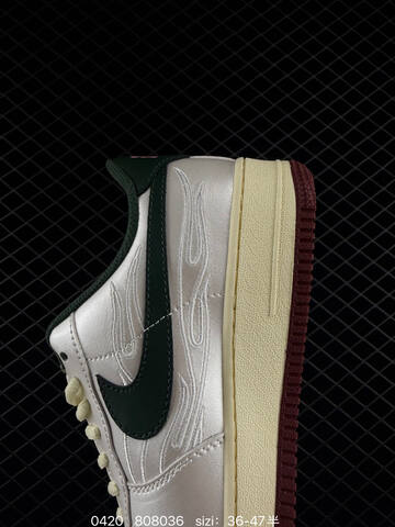 Nike Air Force 1 07 Low Metallic Silver With Dark Green Swoosh Cream Midsole Burgundy Outsole Cream Laces EU 36-47 Half Sizes Available Lifestyle - Unisex (BS-71980)