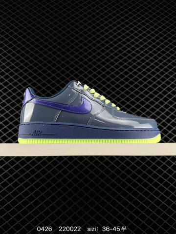 Nike Air Force 1 07 LV8 Two Colorways 1 Patent Dark Slate Blue With Purple Swoosh Navy Midsole Volt Outsole Laces 2 Patent Golden Yellow With Green Swoosh Yellow Midsole Gum Outsole EU 36-45 Half Sizes Available Lifestyle - Unisex (BS-71857)