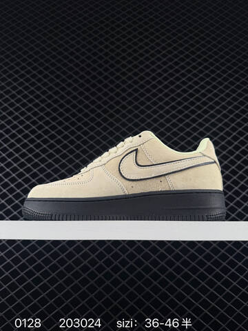 Nike Air Force 1 07 Beige Cream With Black Sole And Black Outlined Swoosh EU 36-46 5 Lifestyle - Unisex (BS-72903)