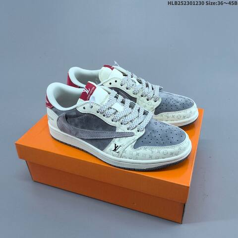 Nike Air Jordan 1 Low Gray White Red With Monogram Pattern 36 45 Lifestyle - Unisex (BS-67173)