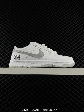 Nike SB Dunk Low Pro White With Metallic Silver Accents 94 Heel Embroidery Supreme Midsole Marking EU 36-47 Skate - Unisex (BS-71876)