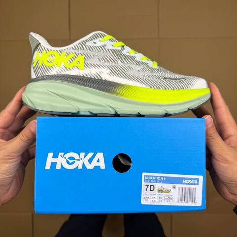 HOKA Clifton 9 White Grey Neon Yellow Mint Green Running Shoe Running Sneakers BS-86883