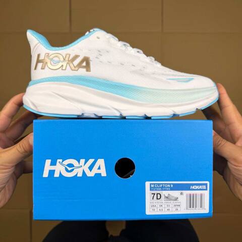 HOKA Clifton 9 White Light Blue Gold Running Shoe Running Sneakers (BS-86860)
