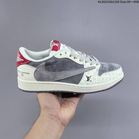 Nike Air Jordan 1 Low Gray White Red With Monogram Pattern 36 45 Lifestyle - Unisex (BS-67173)