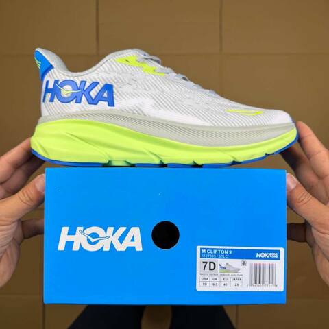 HOKA ONE ONE Clifton 9 Grey Neon Yellow Blue White Running Shoe Running Sneakers (BS-86871)