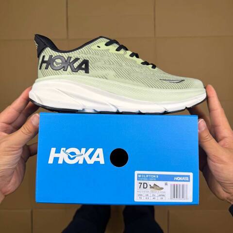 HOKA ONE ONE Clifton 9 Light Green Black White Running Shoe Running Sneakers (BS-86873)
