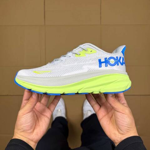 HOKA ONE ONE Clifton 9 Grey Neon Yellow Blue White Running Shoe Running Sneakers (BS-86871)