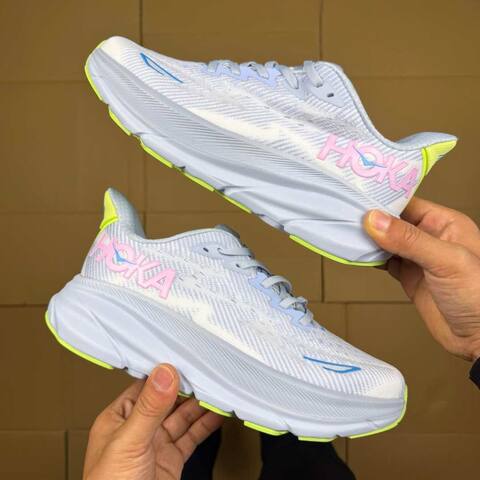 HOKA ONE ONE Clifton 9 Light Grey Blue Pink Neon Yellow Running Shoe Running Sneakers (BS-86882)