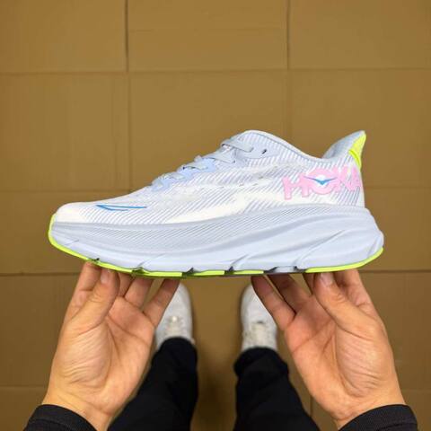 HOKA ONE ONE Clifton 9 Light Grey Blue Pink Neon Yellow Running Shoe Running Sneakers (BS-86882)