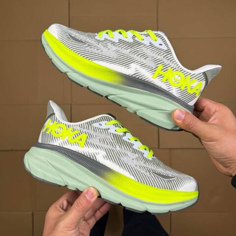 HOKA Clifton 9 White Grey Neon Yellow Mint Green Running Shoe Running Sneakers (BS-86883)