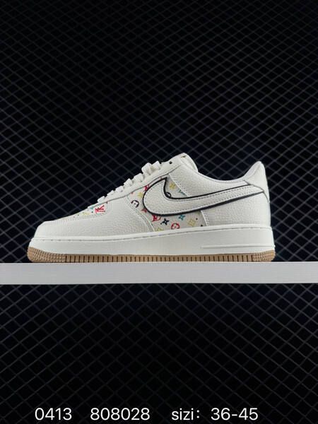 Nike Air Force 1 07 LV8 Off-white with multicolor monogram print black Swoosh outline gold branding gum outsole EU 36-45 lifestyle