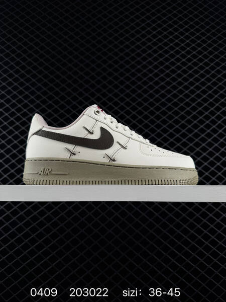 Nike Air Force 1 07 Low Two colorways 1 Sail white upper with dark brown Swoosh olive midsole outsole metallic mini Swoosh accents 2 White upper with patent black Swoosh and heel detail white midsole outsole EU 36-45 lifestyle