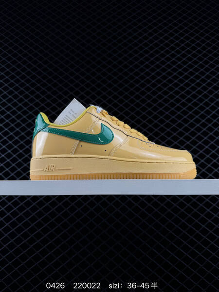 Nike Air Force 1 07 LV8 Two colorways 1 Patent dark slate blue with purple Swoosh navy midsole volt outsole laces 2 Patent golden yellow with green Swoosh yellow midsole gum outsole EU 36-45 half sizes available lifestyle