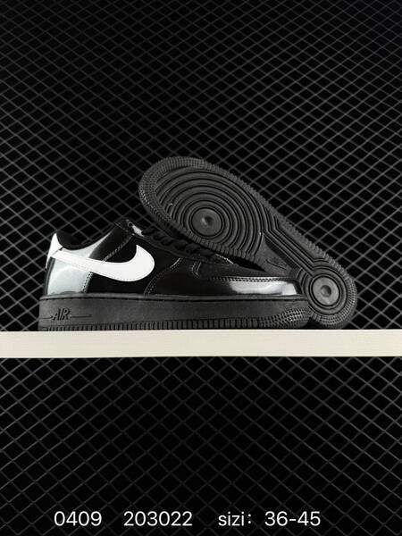 Nike Air Force 1 07 Low Two colorways 1 Sail white upper with dark brown Swoosh olive midsole outsole metallic mini Swoosh accents 2 White upper with patent black Swoosh and heel detail white midsole outsole EU 36-45 lifestyle