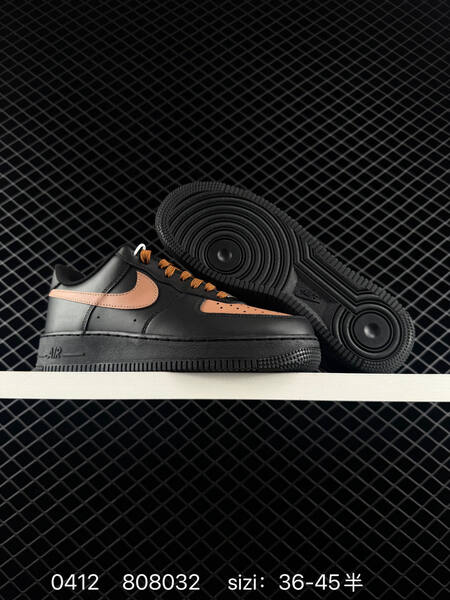 Nike Air Force 1 07 LV8 Two colorways 1 Light beige upper with dark grey Swoosh outsole and midsole 2 Black upper with white Swoosh midsole outsole and heel tab accented with mini gold Swoosh EU 36-45 half sizes available lifestyle