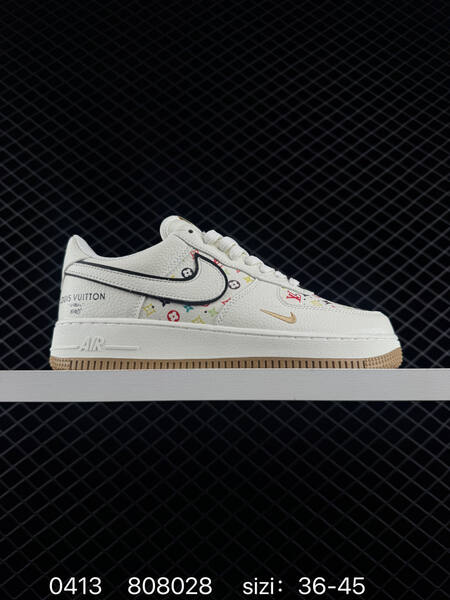 Nike Air Force 1 07 LV8 Off-white with multicolor monogram print black Swoosh outline gold branding gum outsole EU 36-45 lifestyle