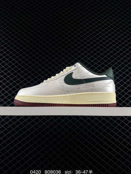 Nike Air Force 1 07 Low metallic silver with dark green swoosh cream midsole burgundy outsole cream laces EU 36-47 half sizes available lifestyle
