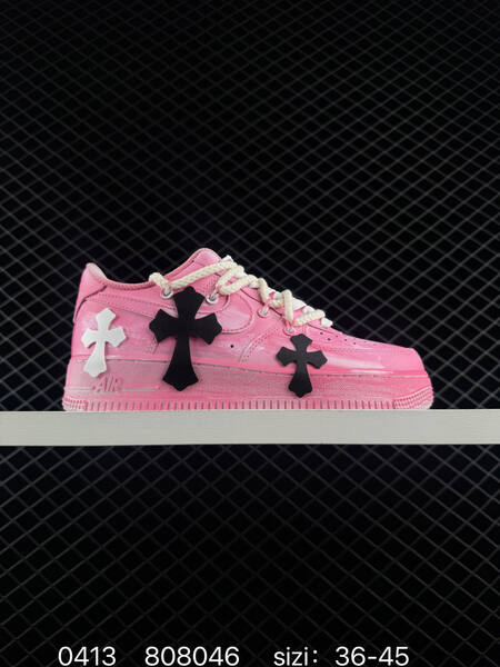 Nike Air Force 1 07 Low Chrome Hearts Custom Two colorways 1 Black with white cross patches off-white rope laces silver cross pin accessories 2 Gradient pink with black and white cross patches off-white rope laces EU 36-45 lifestyle