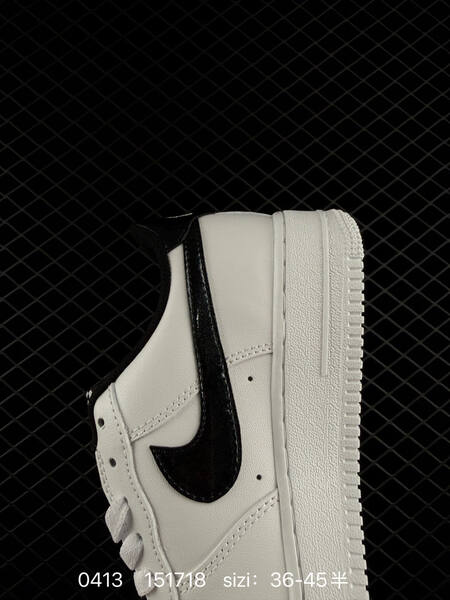 Nike Air Force 1 07 Low White with patent black Swoosh black heel tab and black lining EU 36-45 half sizes available lifestyle