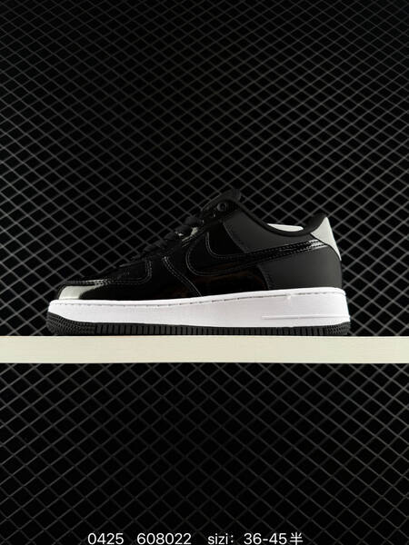 Nike Air Force 1 Black patent leather with white midsole silver heel accents black outsole EU 36-45 half sizes available lifestyle