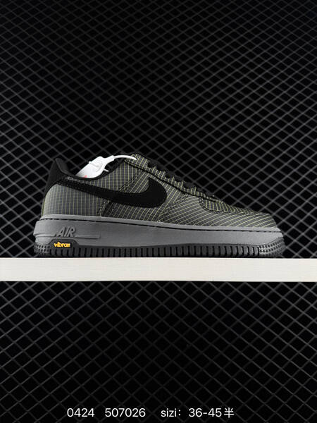 Nike Air Force 1 Black with neon yellow grid pattern grey midsole black outsole EU 36-45 half sizes available lifestyle