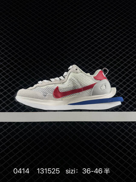 Nike Sacai x Nike VaporWaffle 3 0 Off-white light grey suede red Swoosh and heel detail blue midsole accent white midsole black outsole EU 36-46 half sizes available lifestyle
