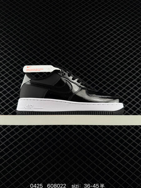 Nike Air Force 1 Black patent leather with white midsole silver heel accents black outsole EU 36-45 half sizes available lifestyle