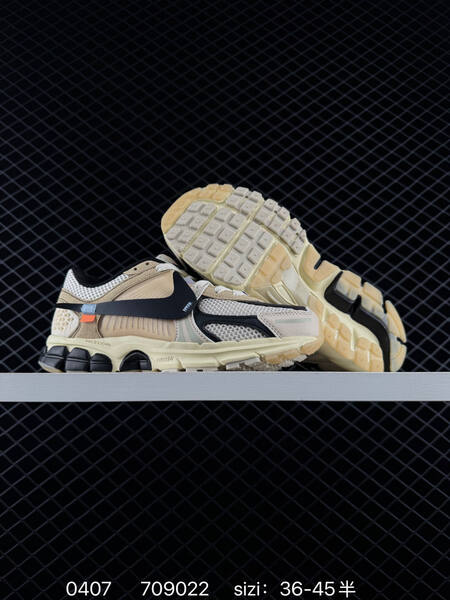 Nike Zoom Vomero 5 Two colorways 1 Beige White Black with blue and orange accents cream midsole grey outsole 2 Black Brown White with orange accent cream midsole gum brown outsole EU 36-45 with half sizes lifestyle