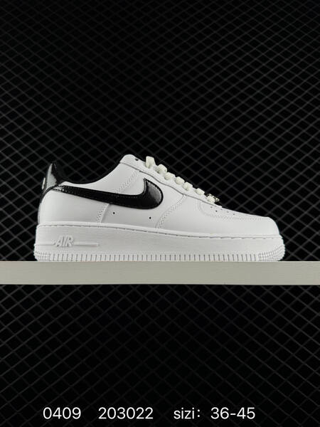 Nike Air Force 1 07 Low Two colorways 1 Sail white upper with dark brown Swoosh olive midsole outsole metallic mini Swoosh accents 2 White upper with patent black Swoosh and heel detail white midsole outsole EU 36-45 lifestyle