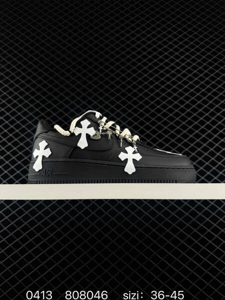 Nike Air Force 1 07 Low Chrome Hearts Custom Two colorways 1 Black with white cross patches off-white rope laces silver cross pin accessories 2 Gradient pink with black and white cross patches off-white rope laces EU 36-45 lifestyle