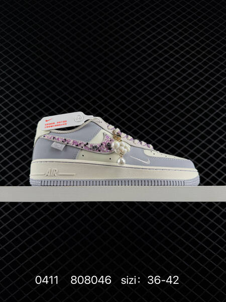 Nike Air Force 1 07 LV8 Light grey cream white lavender purple with glitter rose Swoosh and pearl charm EU 36-42 lifestyle