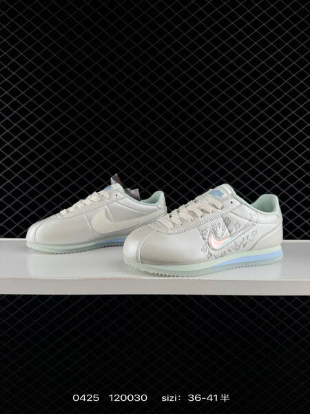 Nike Cortez Low All Petals United Pearlescent off-white with light mint accents pale blue midsole stripe iridescent Swoosh embossed star heart details EU 36-41 half sizes available lifestyle